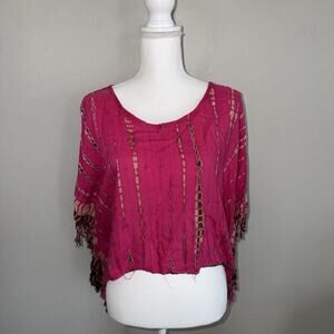 NWT Calikind Boho Cropped Top Fuchsia Tie Dye Fringe Shirt Woman’s Top Sz M/L